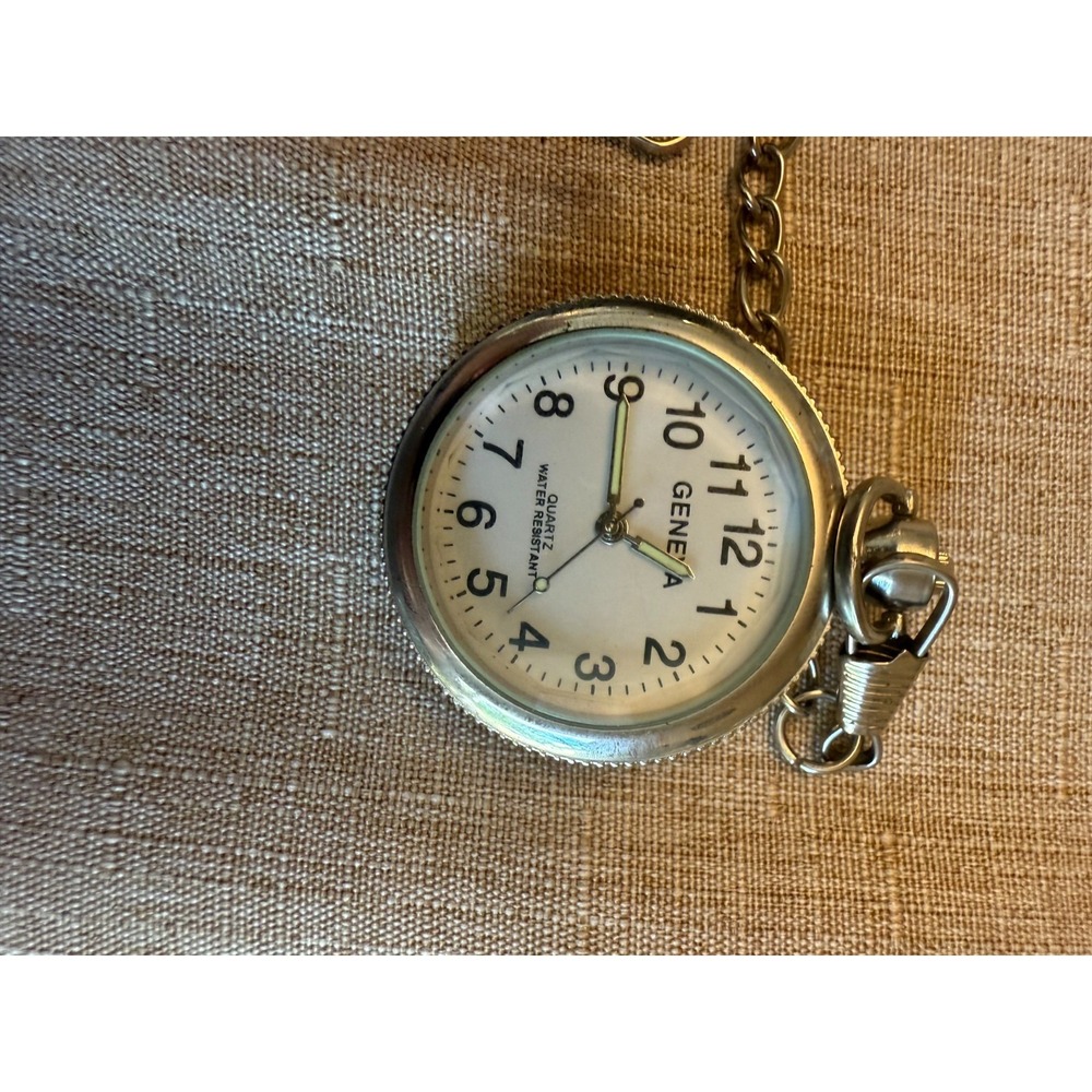 Vintage Geneva Quartz Pocket Watch w/ Leather Belt Pouch & Chain – Water Resista - Picture 2 of 5